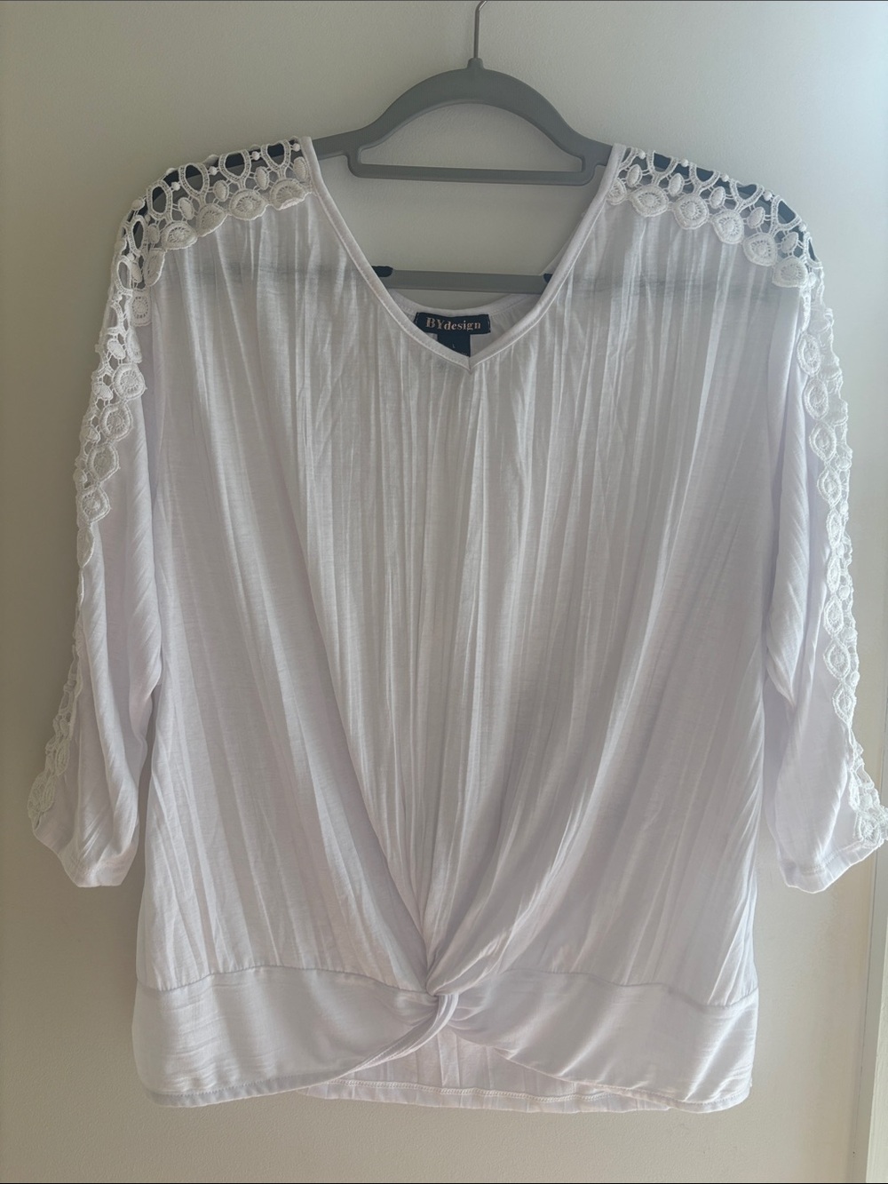 BYDesign White Lace-Shoulder V-Neck Twist Hem Blouse